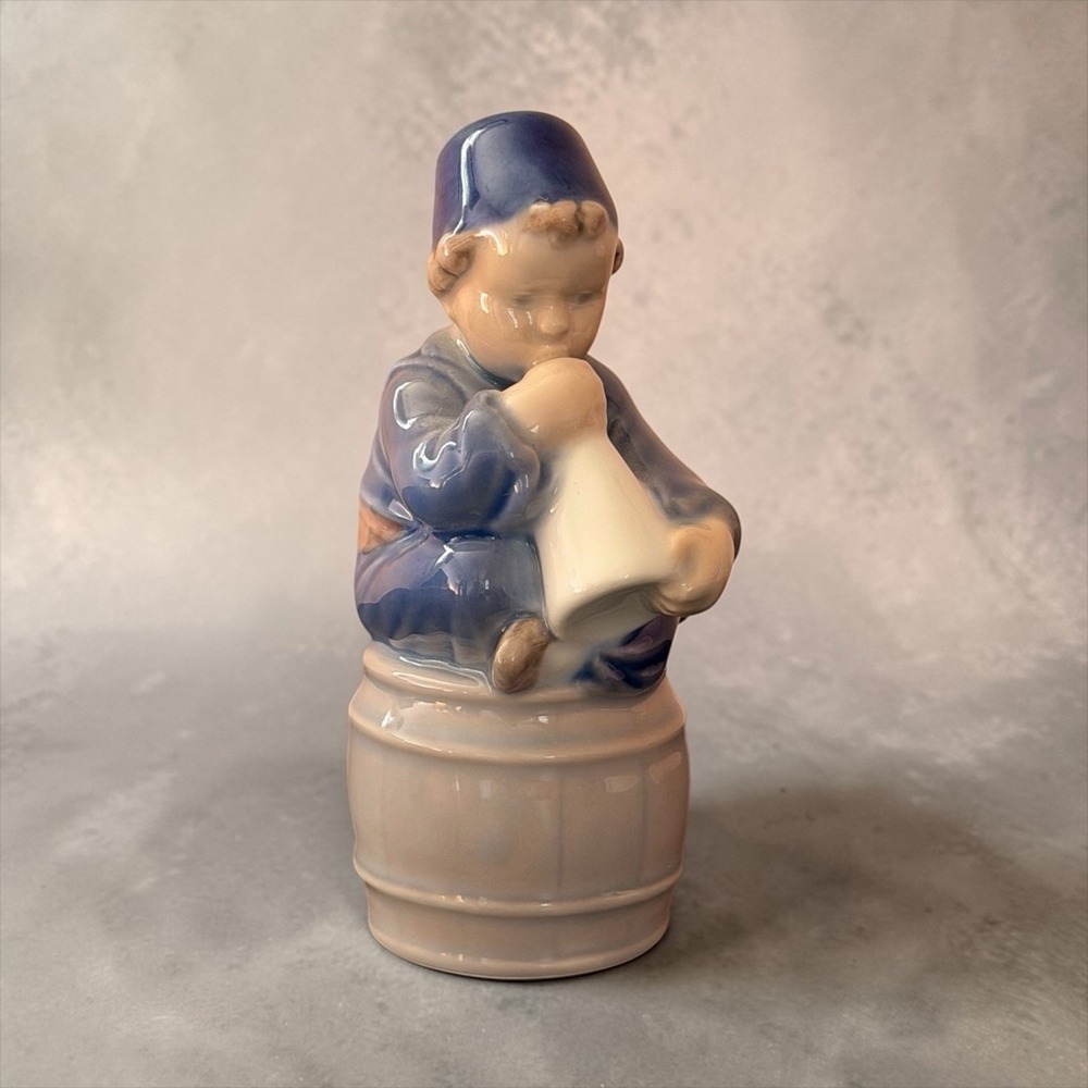 ROYAL COPENHAGEN Denmark #3689 Boy with horn on barrel Figurine EXCELLENT